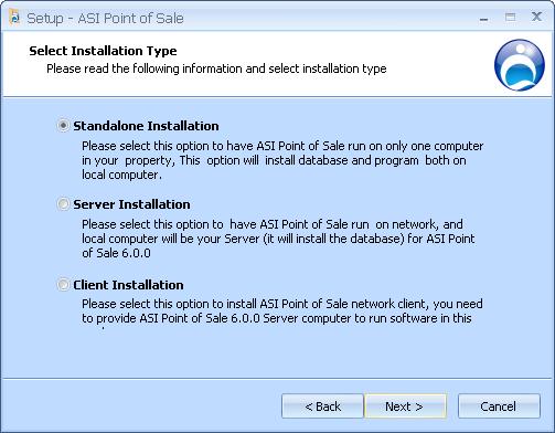 The software can be installed on one computer or several computers in a local area network. Select the setup type on this screen depending upon your requirement.