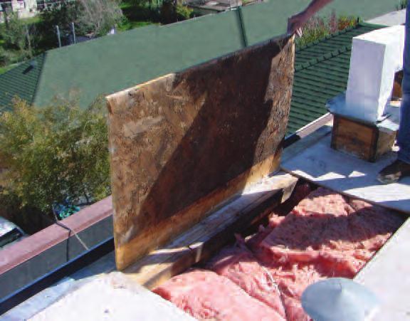 Photo 3: Condensation developed on the underside of roof sheathing in this low-slope roof assembly in a heating climate.