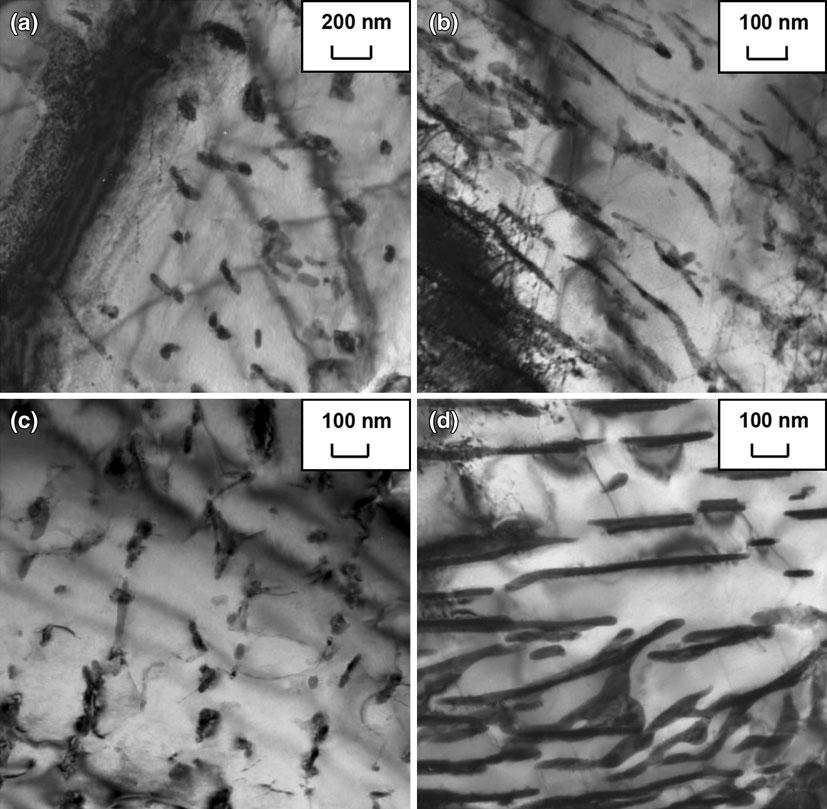 Fig. 4 TEM micrographs of typical carbides in FCA grains of thermally cycled steels A, B, and