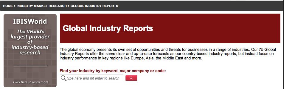 IBISWorld: This database provides insight into more than 700 U.S. industries. There are also SELECT Global Business reports.