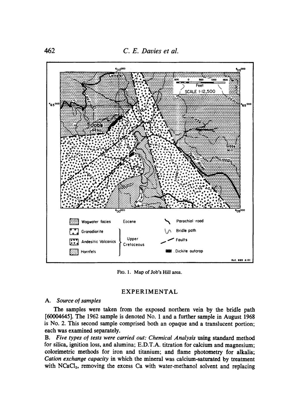 462 C. E. Davies et al.,5 OooOOO 15oo Wagwater facies ~'~ G ranodiorite Andesitic Voloanics [] Hornfels Eocene Upper Cretaceous %,~ Parochial -road i-j~., Bridle path f Faults i. Dickite outcrop FIG.