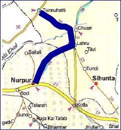 Corridor Description of road link with principal towns or settlements Length No (kms) 34 Nurpur-Lahru-Tunnuhatti 42.19 Total length of the road is 42.1 km and lies in Kangra and Chamba districts.