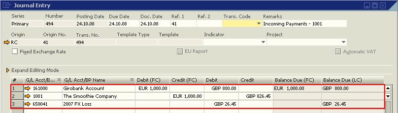 SAP Business One will automatically post the loss due to the exchange rate difference into the appropriate account (see above for GL account determination).