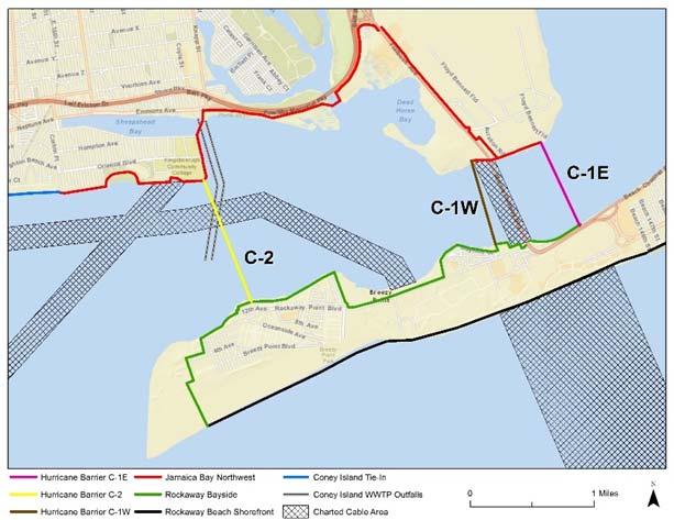 Barrier Alignment Alternatives Three alignments of the storm surge barrier originally considered - Hydrodynamic modeling undertaken for design of openings - Effects of scour on Gil Hodges Bridge