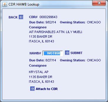 Enter the HAWB number and destination zip code, click Submit, and then click Attach to CDR. How do I manually pull a HAWB into my Delivery queue?