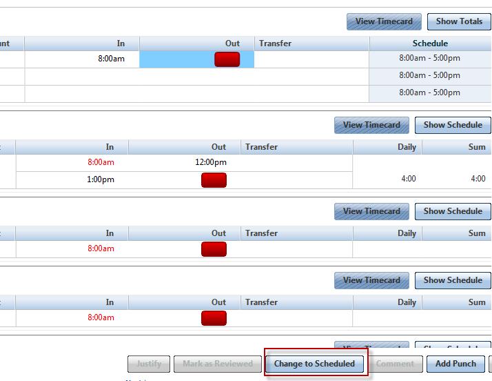 The scheduled time will appear in the missing punch cell 5. How to Add a Punch on Timecard Punches are recorded in the timesheet grid in the In and Out Columns.