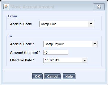 Comp Time should appear as the Accrual Code in the From section. 8. In the To section, select Comp Payout for Accrual Code. 9.