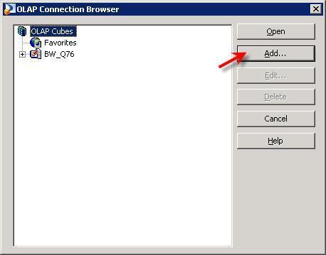 4. Click Add button to add a new connection to the SAP NetWeaver Business Warehouse where you will get the OLAP Data 5. Select SAP Business Information Warehouse from the dropdown with Server Types.