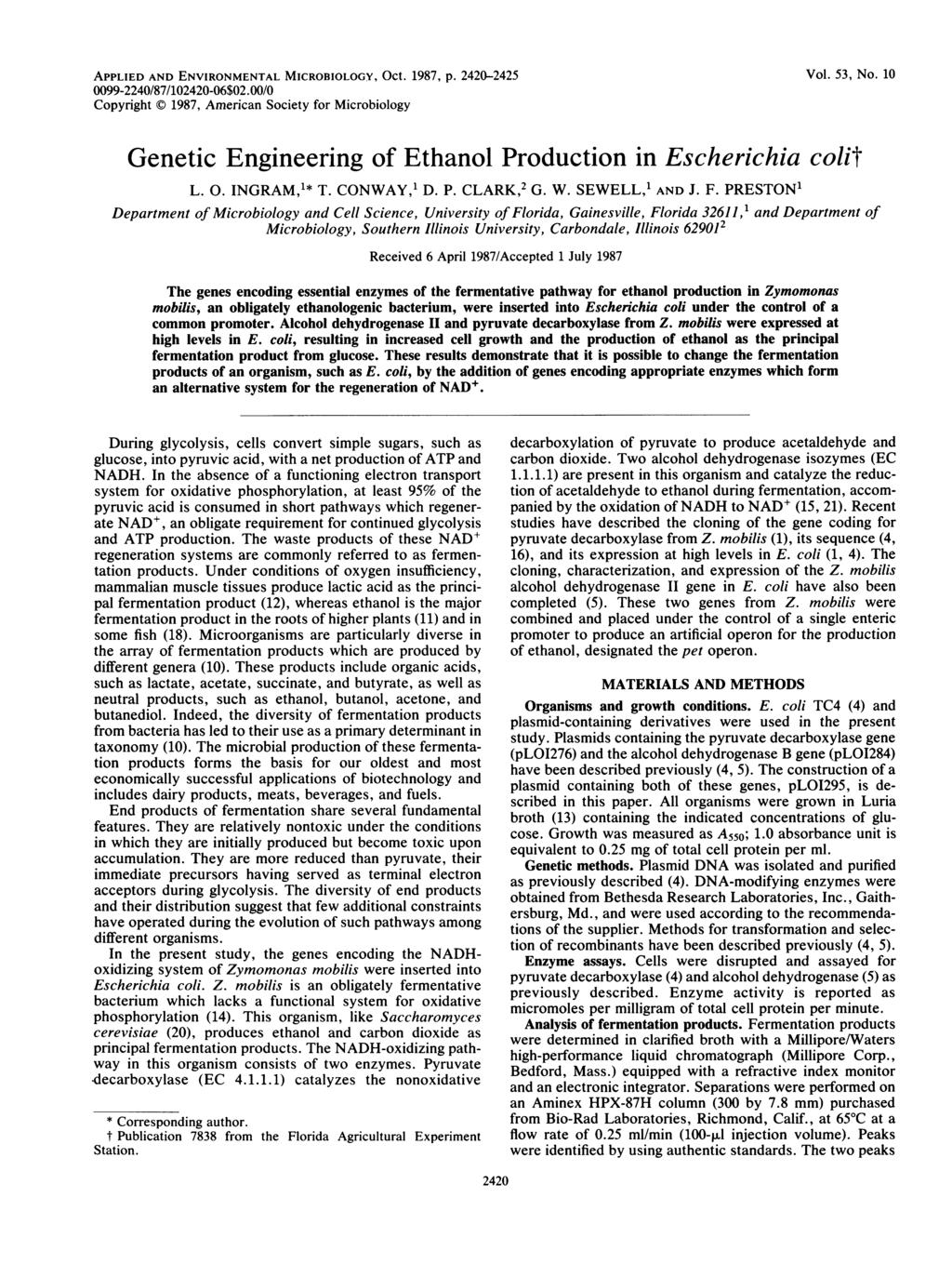 APPLIED AND ENVIRONMENTAL MICROBIOLOGY, OCt. 1987, p. 2420-2425 0099-2240/87/102420-06$02.00/0 Copyright 1987, American Society for Microbiology Vol. 53, No.
