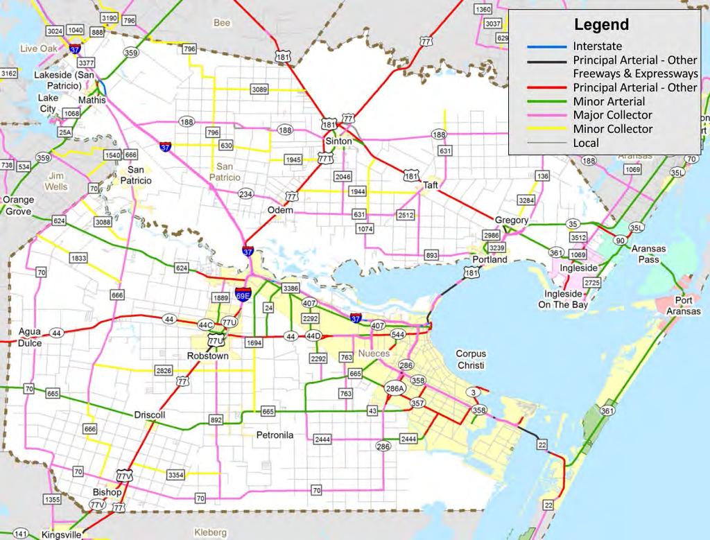 Corpus Christi Metropolitan Transportation Plan 2015 2040 MAP 4.1: State Roads and Highways System be addressed by increased capacity.
