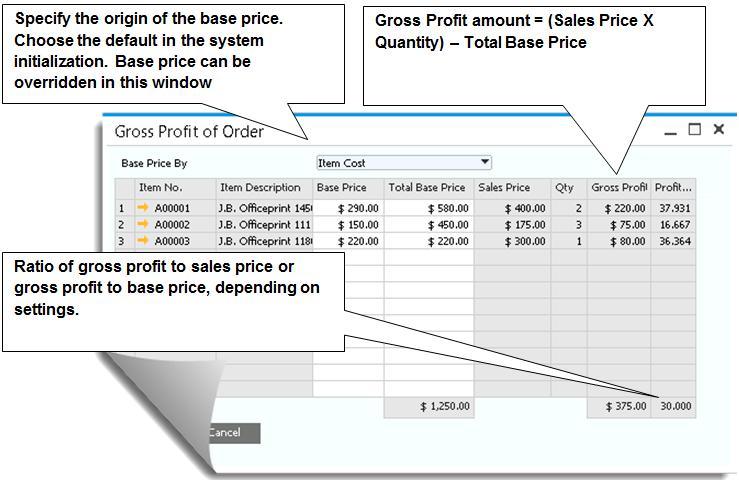 5.3 Key Calculations: Gross Profit and Weight and Volume The SAP Business One toolbar provides icons for easy access to two useful calculations: gross profit and the weight and volume of all of the