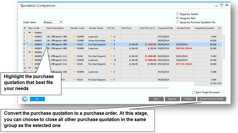 Figure 6-9: Quotation comparison report Once the expiration date arrived, you can run the Purchase Quotation Comparison Report located in the Purchasing - A/P Purchasing Reports.