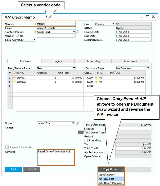 Figure 6-13: Creating an A/P credit memo If, before you execute an A/P invoice, you have returned items and the vendor has sent you a goods return document, first create a goods return in SAP