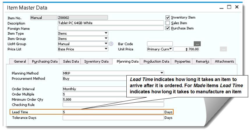 Figure 7-2: Lead Time field used in MRP calculations The key steps in making sure an MRP run executes correctly are as follows: Enter the required and minimum inventory level for each item on the