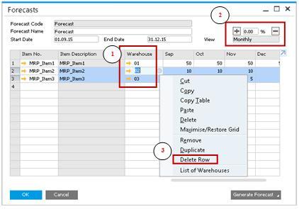 warehouse; o Increase or decrease the forecast % across multiple line items; and o Delete multiple item rows by right click on