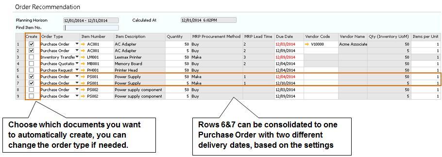 7.3.3 MRP Example 3: Order Consolidation Another efficiency feature of the MRP functionality of SAP Business One is its ability to consolidate orders so that quantities are purchased in amounts that