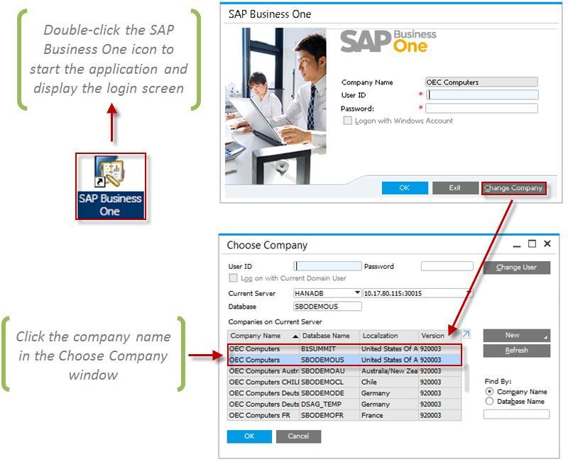 Figure 2-1: Starting SAP Business One, logging in, and choosing a company The first screen that you see is the login window where you enter your user name and password.