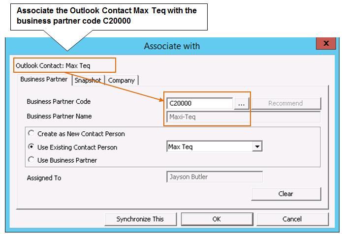 Figure 8-8: Associating a Microsoft Outlook contact with an SAP Business One business partner Click the lookup button to the right of the Business Partner Code field to display a list of business