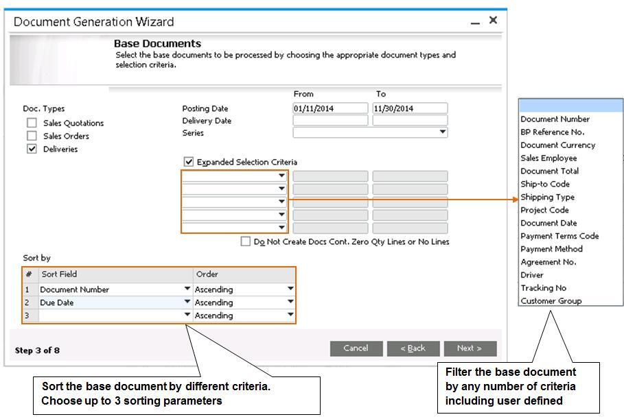 Figure 10-13: Selecting base documents In step 4 of the wizard you select how (and whether) you want to consolidate documents.