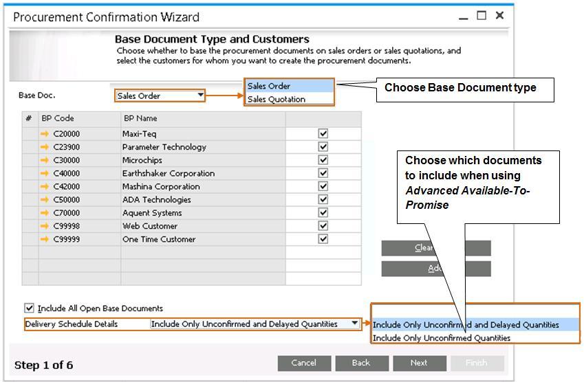 The wizard can be started from the Purchasing main menu or by selecting the Procurement Document check box on the Logistics tab in a sales quotation or sales order document.