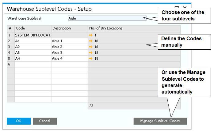 Figure 12-6: Warehouse Sublevel Codes Now that you have set up primary codes, you are ready to create the actual bin master data.