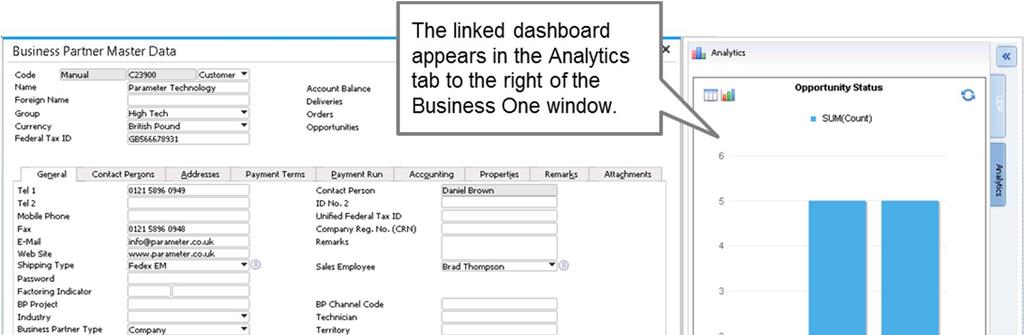 Figure 15-5: Embedded Dashboard (Action: Link to B1 window) Let us look at the example of how to set up an action to launch an Enterprise Search: 1.