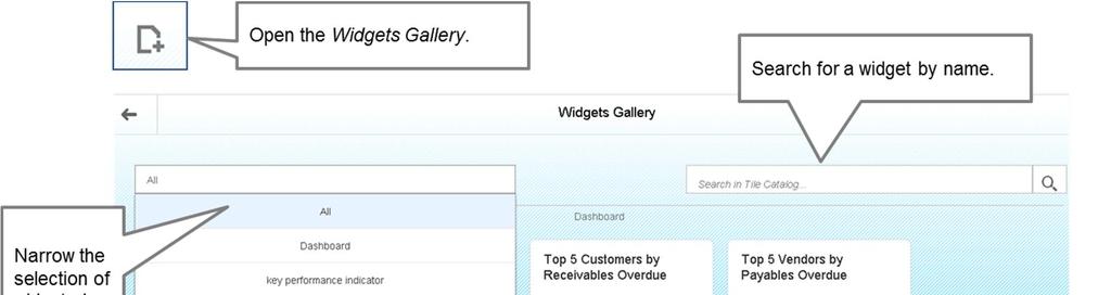 Figure 15-13 Widgets Gallery Once you ve added widgets, you have the option to define filters which will filter all the pervasive dashboards inside the advanced dashboard based on a value in the