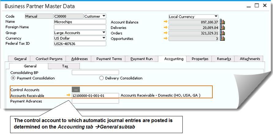 Figure 4-5: Business Partner Master Data window, Accounting tab Each of the tabs in the master data record has the same header information and a footer that consists of a row of buttons along the