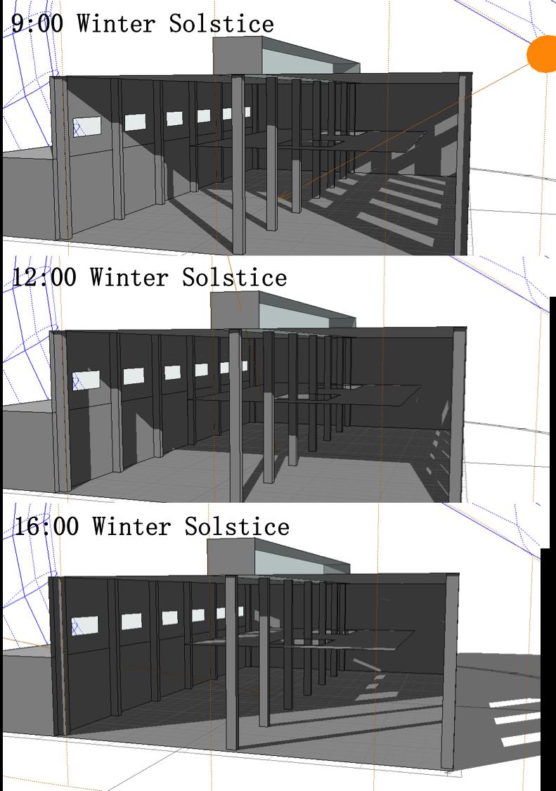 In addition, the sunlight would not affect the reading areas on winter solstice when the sun angle is the lowest in the whole year.