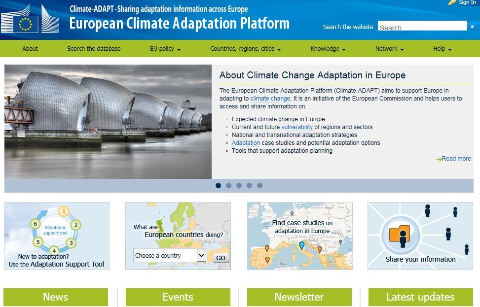 Key features of Climate-ADAPT Database search Countries, Cities Tools EU