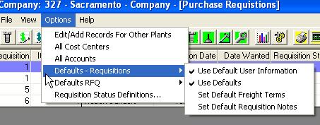Purchase Requisitions - Options Purchase Requisitions - Options To access the Purchase Requisition screen click on the in the button bar.
