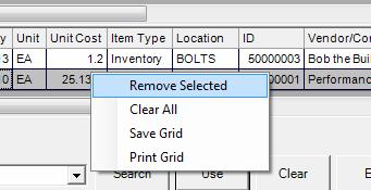 In all cases except for the inventory set-up screen selecting a part from the Parts Search screen causes that part (or multiple parts in the case of Parts Usage screen) to