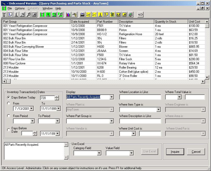 Inventory Analysis Analyzing Inventory To analyze inventory select from the button bar( Inventory Analysis and Query). The following analysis and query scenarios are available: 1.