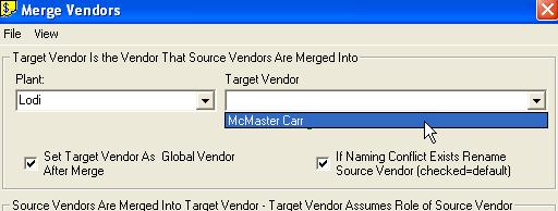 The Source Vendor drop-down box loads with non-global vendors from the source plant. Select the source vendor to merge into the target vendor.