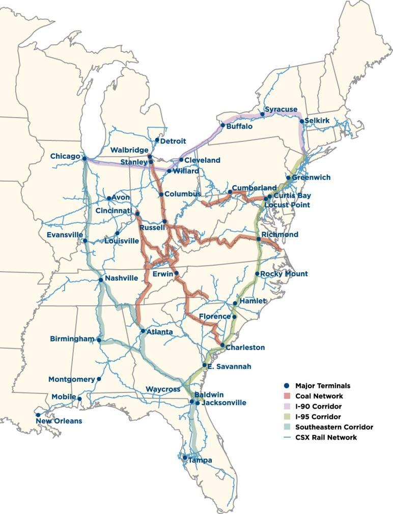 Figure 29 CSX System Map The actual rail right-of-way into New Bedford is owned by the Commonwealth of Massachusetts and, upon completion of the South Coast Rail passenger project, will be maintained