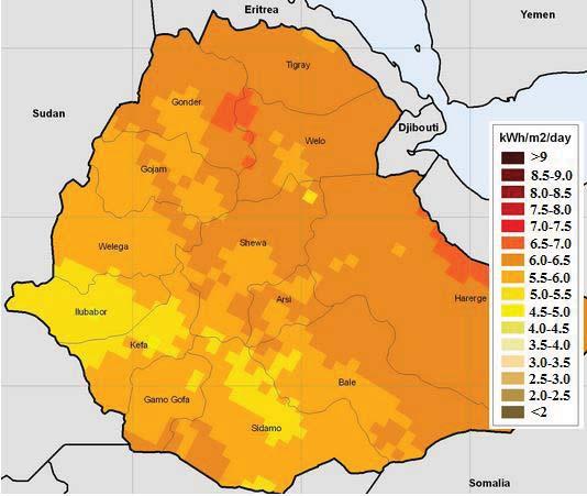 The solar potential is 5 kwh/m2day[9]. Ethiopia receives a solar irradiation of 5000-7000 Wh/m2 according to region and season.