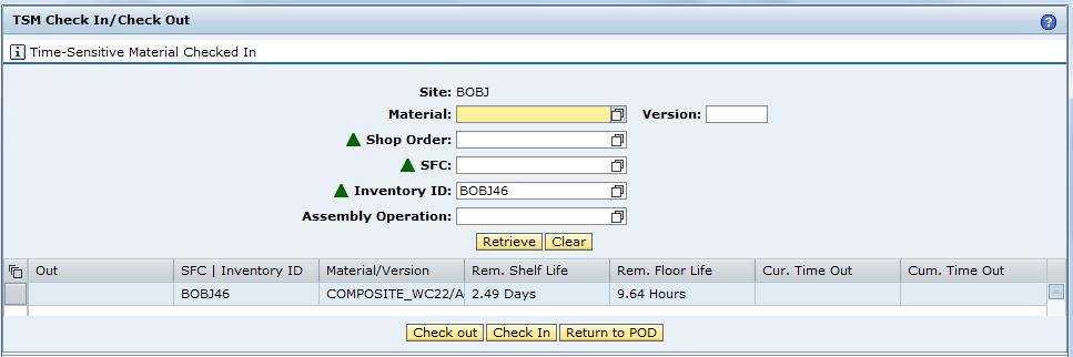 The operator clears the screen, enters BOBJ46 in the Inventory ID field and selects the Retrieve button 23.