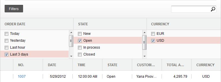 Order Manager Cookbook o o Status enables you to choose a state. For example, New, Open or In process. Currency choose a currency. For example, EUR or USD.