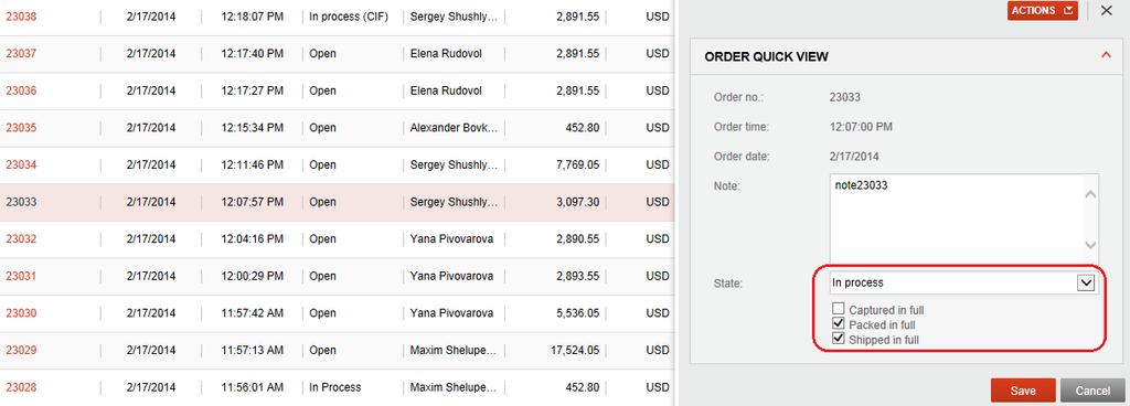 5. First select the sub states Packed in full and Shipped in full. Save your changes and then select Captured in full to complete all the sub states for this order.