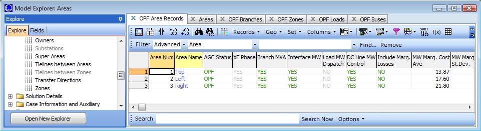 OPF Area Records Display: Special Fields Controls Types that are available XF Phase specifies if phase shifters are available Load MW Dispatch specifies if load can be moved DC Line MW specifies if