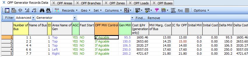 OPF Gen Records Display: Special Fields Fast Start Should the generator be available for being turned on/off by the OPF OPF MW Control (YES, NO, or If Agcable) Should the generator be made available