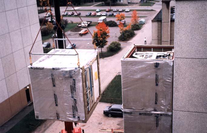 Figure 1 Installation of modular toilet units (courtesy Ruukki) The box-like appearance of the original concrete panel structure was transformed by these modular units with new galvanised steel