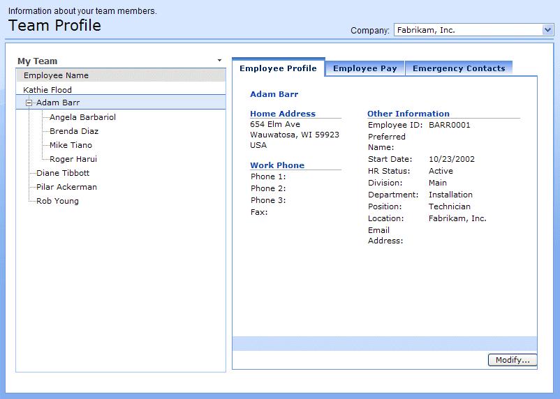 As the HRM Self Service administrator, you must specify which employees will be listed in the My Team web part.