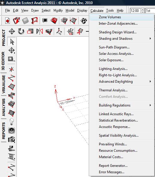 Running Simulations in Ecotect Ecotect s analysis tools are accessed under the Calculate and Tools headings in the program s main menu.