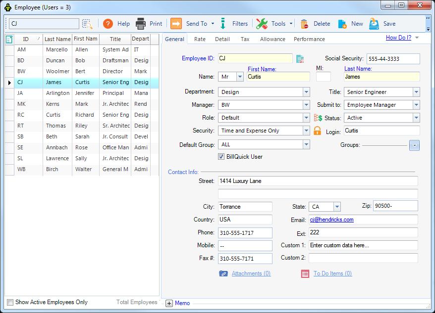 Employee Profile Employees and vendors (consultants, independent contractors and suppliers) can be set up and assigned login privileges to record hours worked (and other tasks).