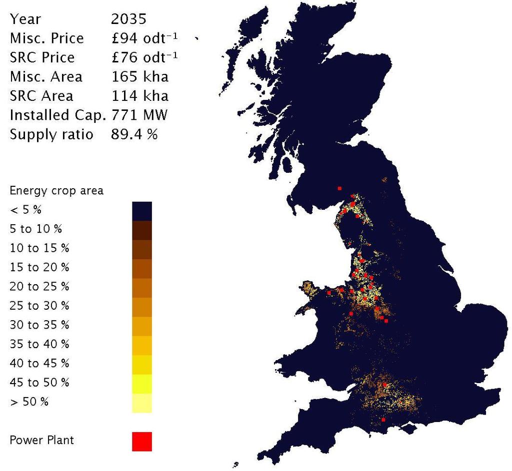 Spatial diffusion pattern Sample output maps of energy crop selection and power plant locations between 2010 and 2050.