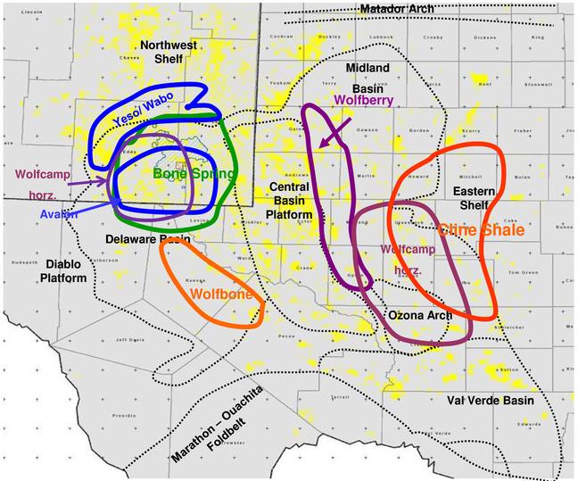 The Permian Basin is a unique area in that there are multiple overlapping formations in the region (refer to map below) 3. The key problem with the Permian lies with the availability of water.