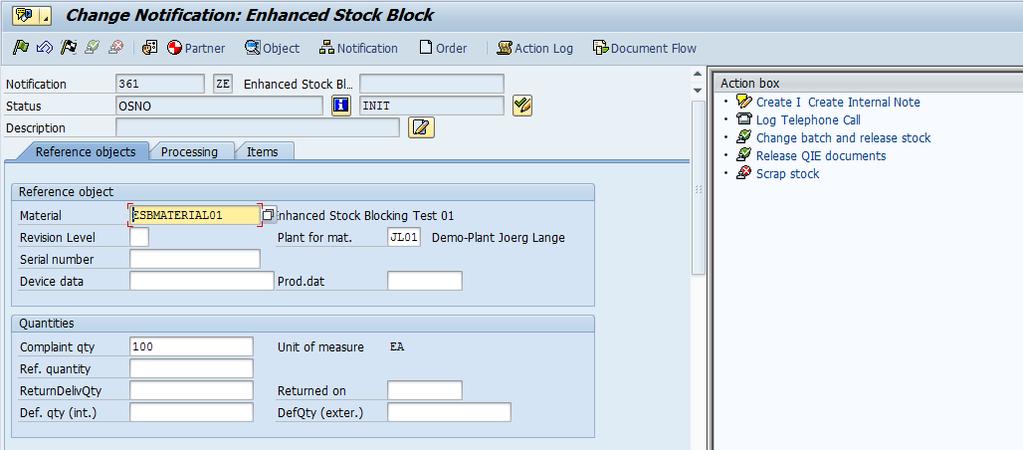 Quality Notification Processing in SAP-ECC A quality notification with a specific notification type will be created References and quantities are