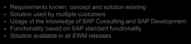 Consulting Solution Requirements known, concept and solution existing Solution used by multiple customers Usage of the knowledge of SAP Consulting and SAP Development Functionality based on SAP