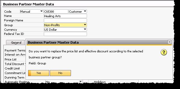 Price List by Business Partner Group Existing master data record: if business partner group is changed, you